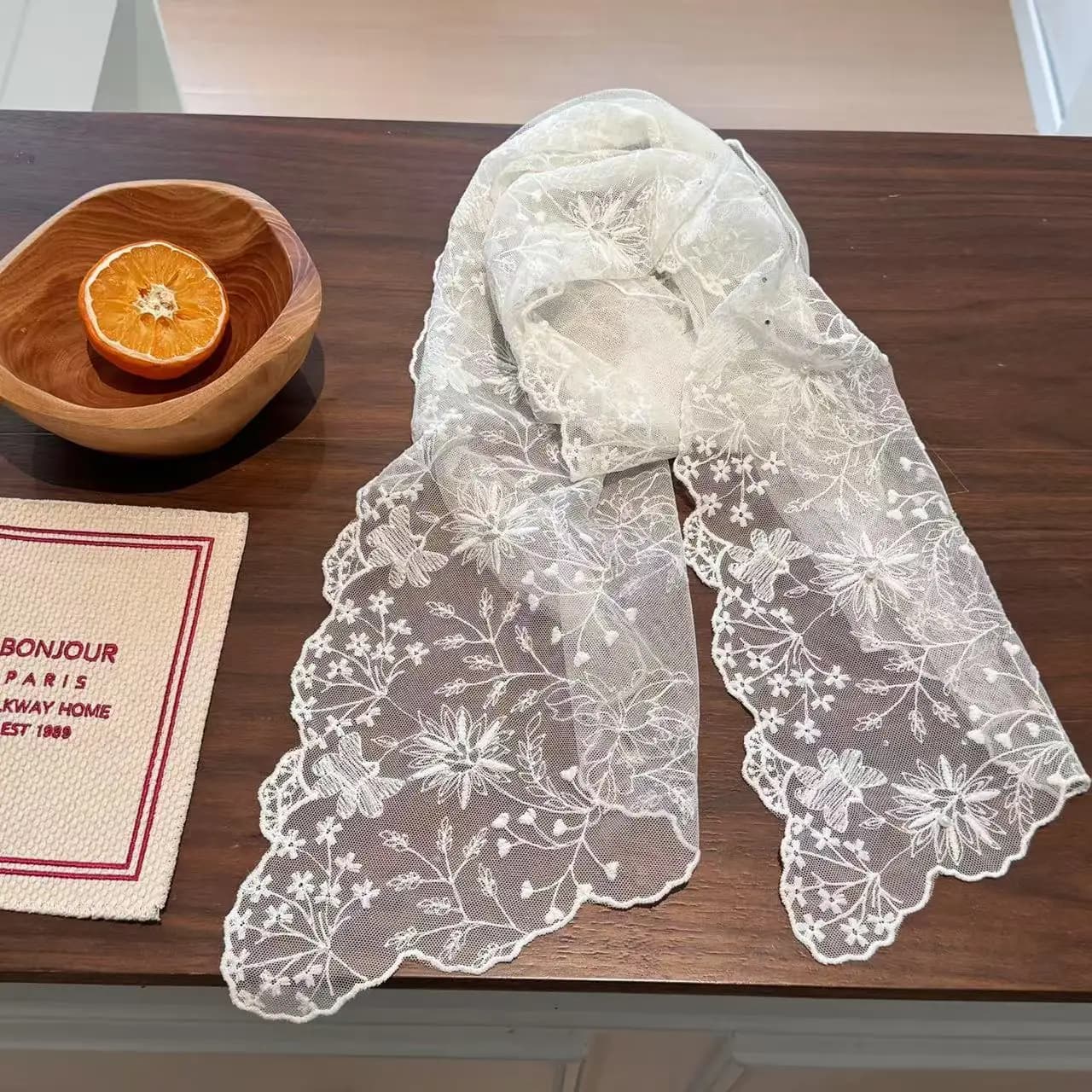 Elegant Pearl Lace Long Scarf for Women Korean Style Summer Versatile Fashion Decor Neck Bandana Accessory