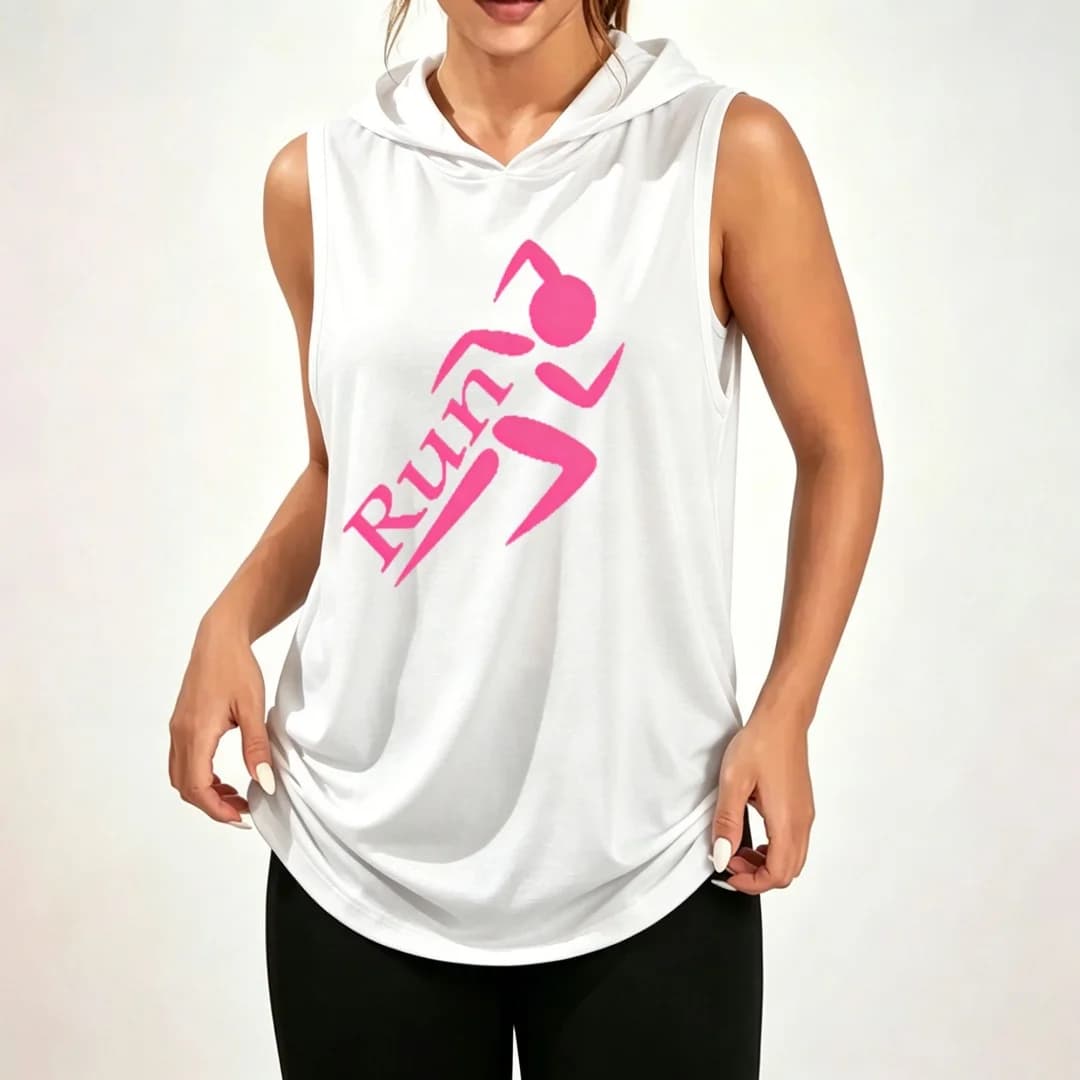 Unisex Sleeveless Hoodie – Featuring a running silhouette and slogan print; 100% polyester; loose-fit, casual athletic top.