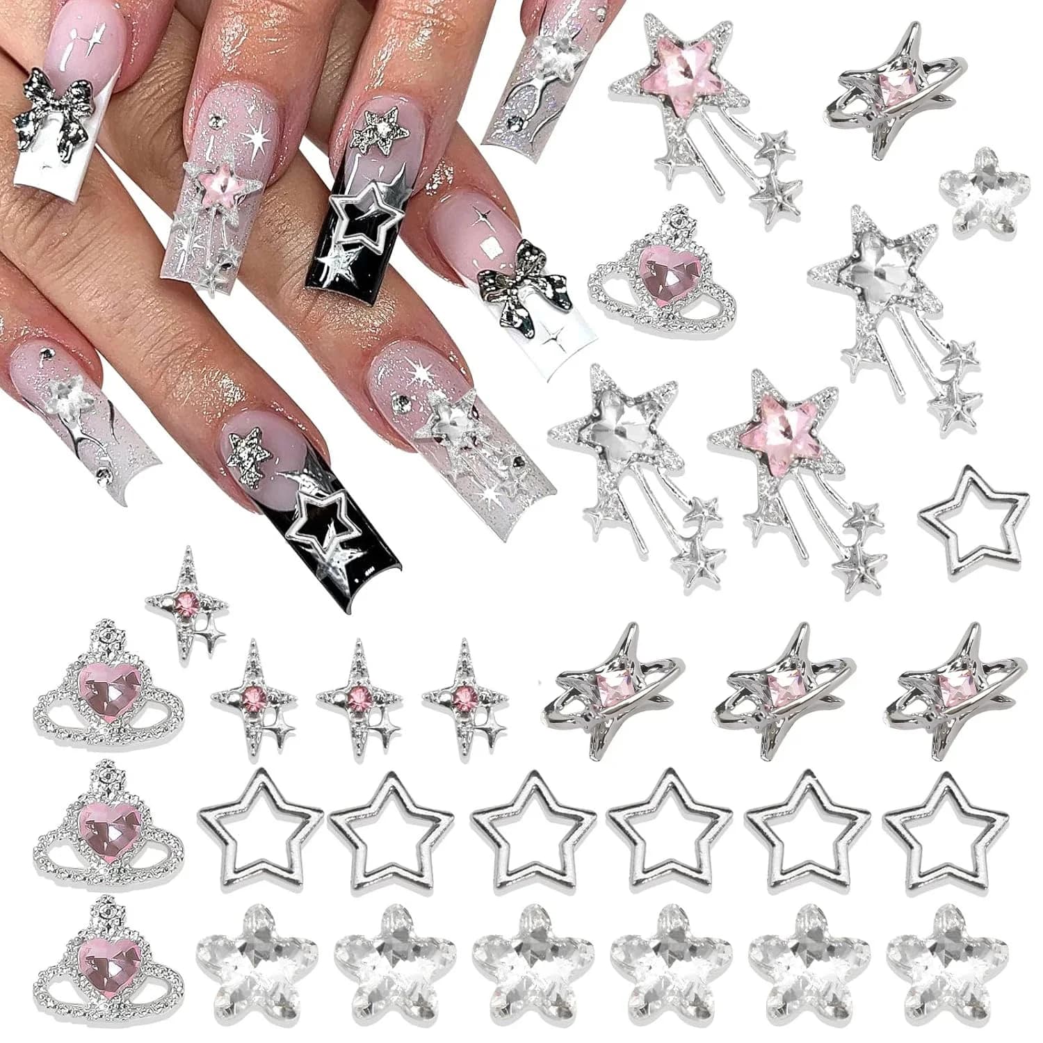 40 Pezzi Decorazioni Unghie a Stella Argento, Charms 3D a Stella, Strass Rosa per Unghie, Gioielli Multi-Stile per Nail Art, Stelle Pendenti, Decorazioni Unghie Y2KZ