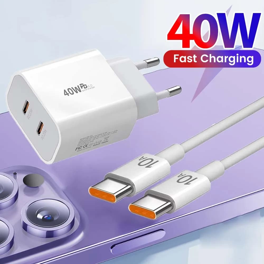 40W Dual USB C Port Fast Charger Type C Fast Charging PD Charger Power Adapter For iPhone Samsung Xiaomi 10A Type C to C Cable