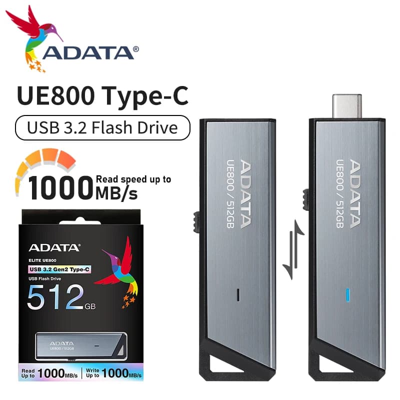 ADATA UE800 USB3.2 Metal Flash Drive Up To 1000MB/S Read Speed USB Type-C Pen Drive 128GB 256B 512GB 1TB Memory Stick