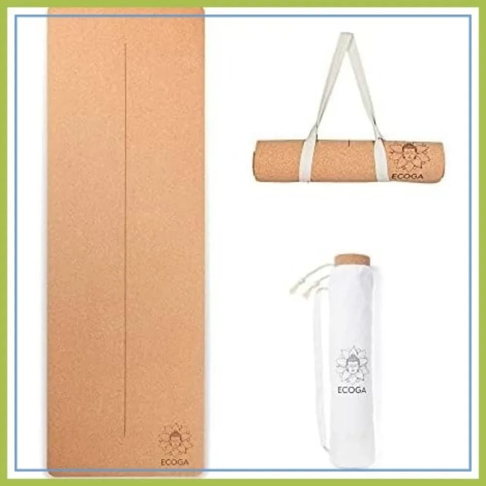 Tappetino Yoga in Sughero con Linee di Allineamento, Spessore 5mm, Antiscivolo, per Hot Yoga, Ecologico, Non Tossico, Include Cinghia e Borsa