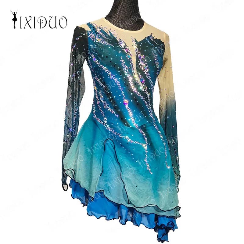 Donne maniche lunghe ginnastica gonna body balletto Dancewear strass lucidi figura pattinaggio su ghiaccio vestito Performance Costume