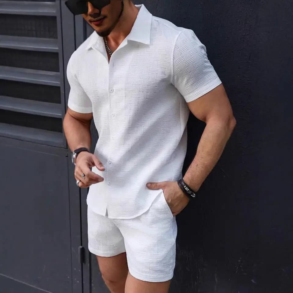 Summer Beach Men's Collar Jacquard Striped Sve Shirt Suit Casual Sportswear Short Sleeve Short Pants No Brand Registered Trad...