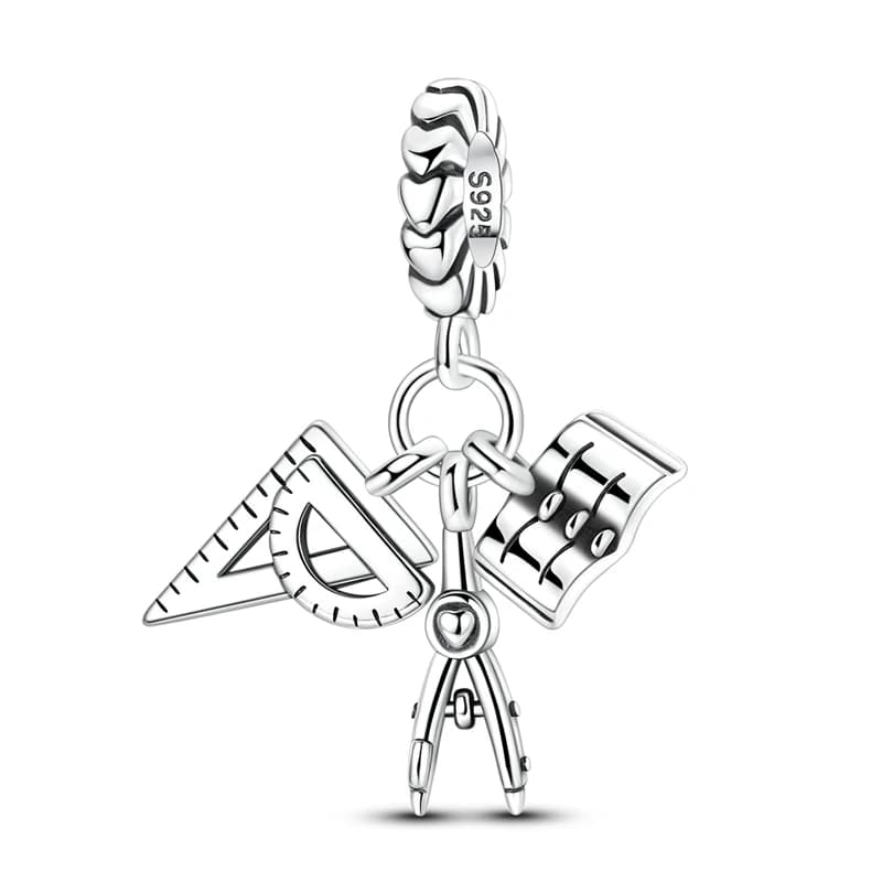 925 Sterling Silver Ruler Book and Compass Charms Bead CZ Zirconium Love Dangle Fit Original Bracelet DIY Women Jewelry Gift
