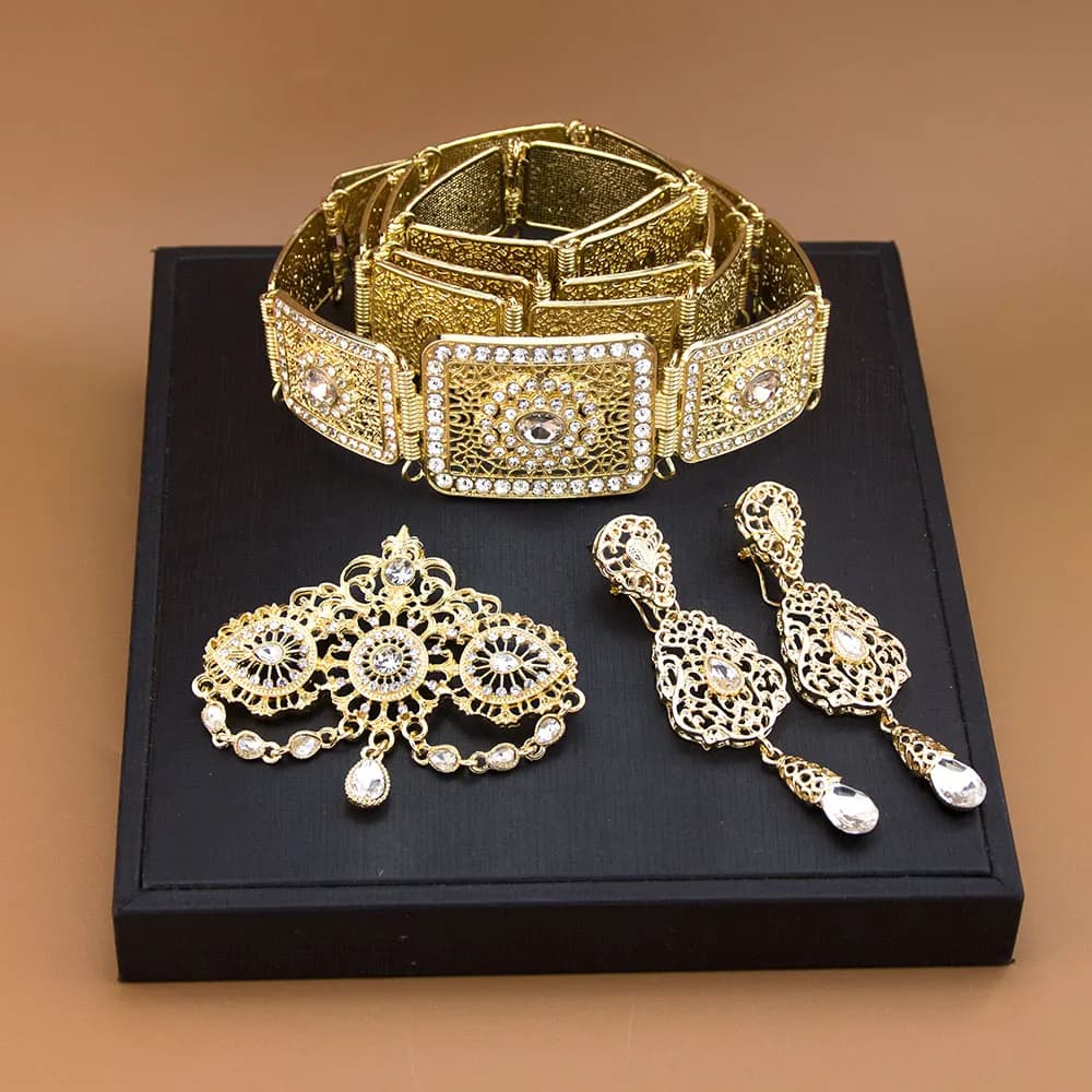 Elegante donna cintura da sposa orecchino spilla Marocco set di gioielli da sposa cristallo arabo abito bijoux lunghezza regolabile