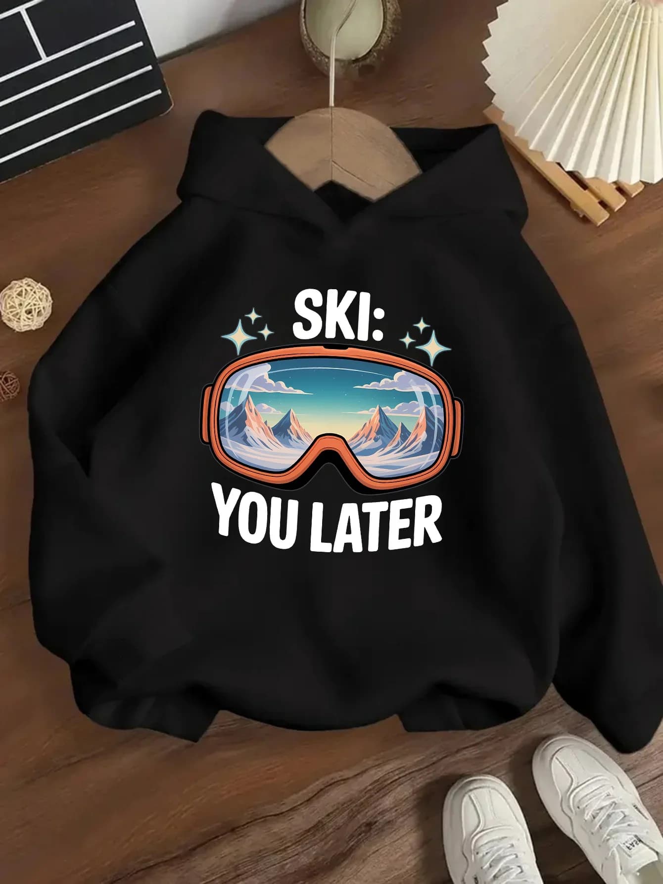 Boys And Girls Hooded Sweatshirt with Ski Goggles Print Warm Fleece-Lined Winter Thick Outdoor Sports Top Windproof