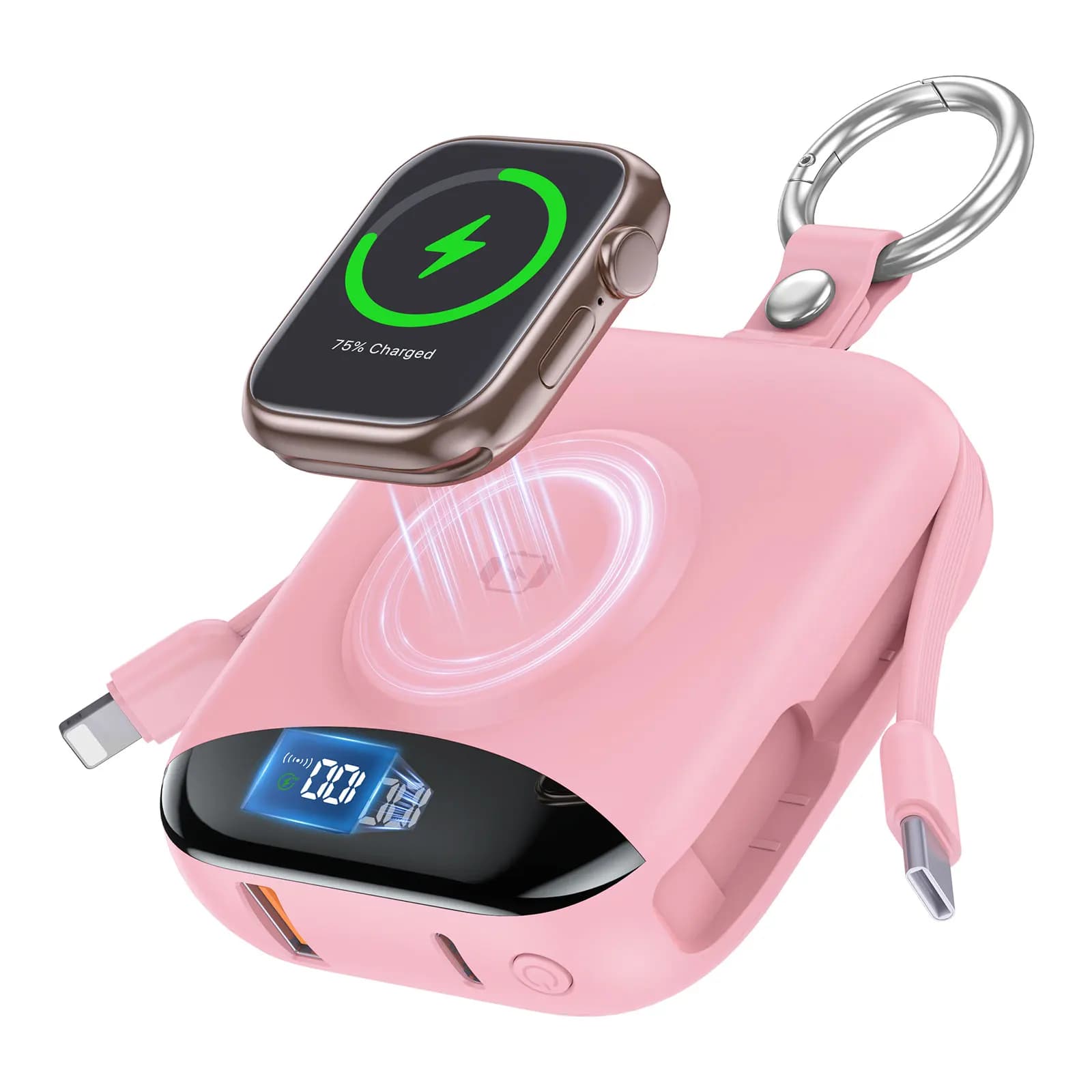 Power Bank a ricarica rapida da 10000 mAh 22,5 W con cavi integrati, caricabatterie portatile 4 in 1 con portachiavi con display a LED per telefono IWatch