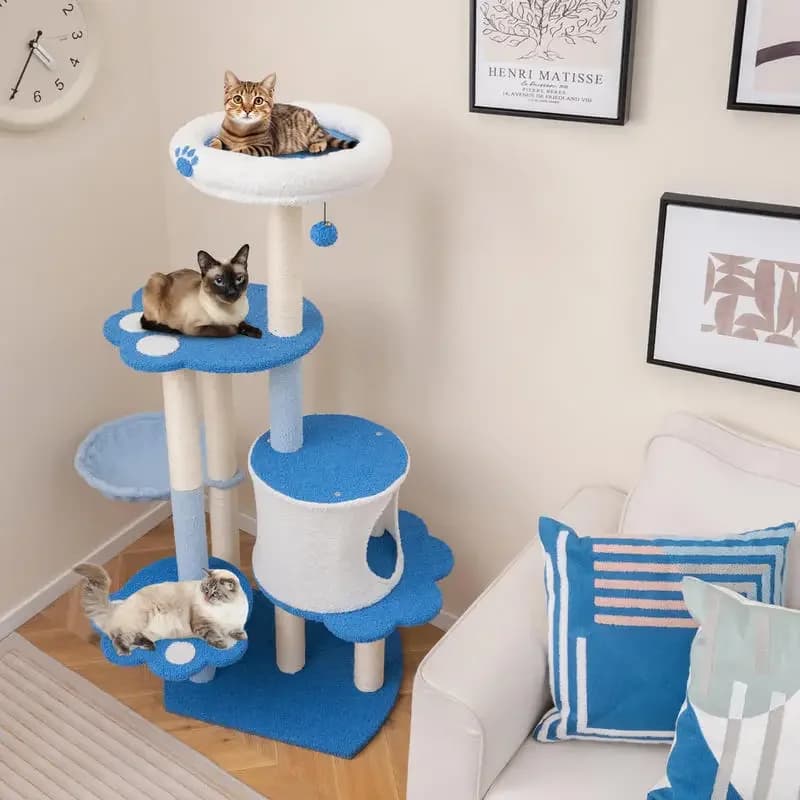 54 Inch Modern Cat Tree Tower, Natural Sisal Scratching Posts With Rotatable Hammock And Plush Condo, Interactive Play Furniture For Indoor Kittens, Blue