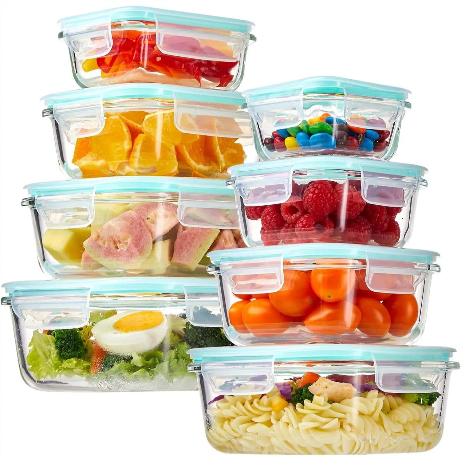 Contenitori in Vetro per Preparazione Pasti, Set da 8 con Coperchi, da 5oz a 35oz, Scatole Bento Ermetiche per Microonde, Forno, Congelatore e Lavastoviglie
