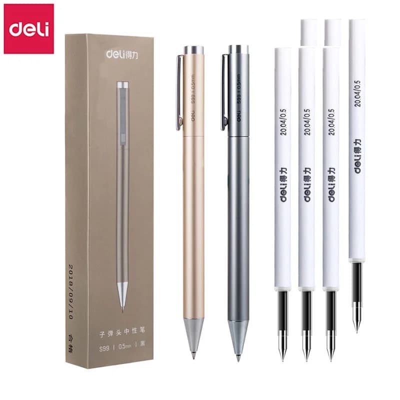 Set di penne gel in metallo da 7 pezzi 0,5 mm Deli Roller tipo penna a sfera con inchiostro nero ricarica sostituibile forniture per ufficio di cancelleria scolastica