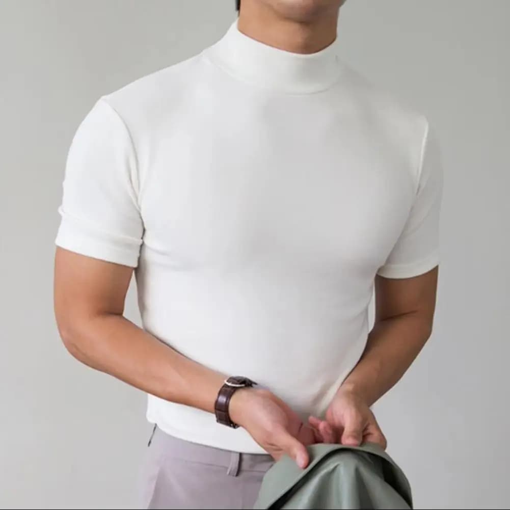 2025 Base da uomo Top Morbido e traspirante Collo semi alto T-shirt basic da uomo Estate Collo semi alto Slim Fit Base T-shirt a maniche corte