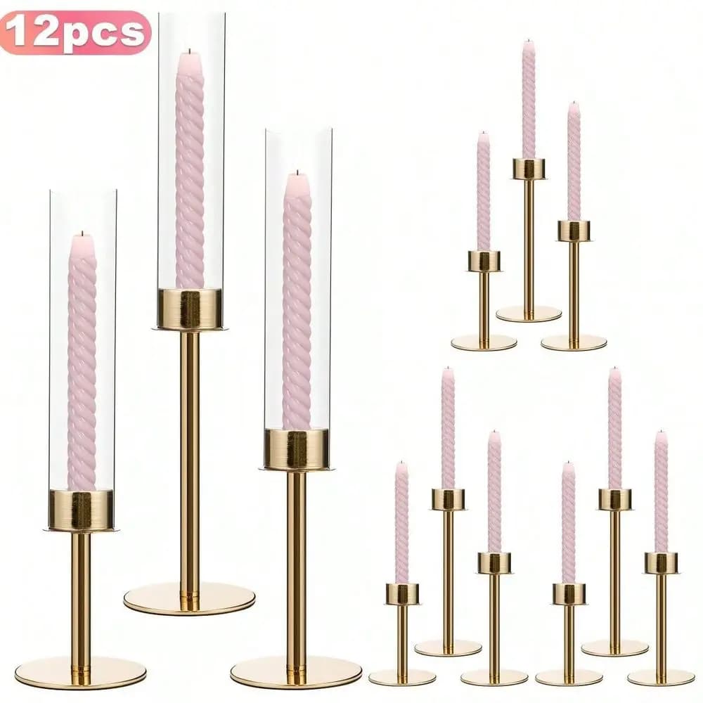 12Pcs Gold Taper Candle Holders For Home Decoration, Hurricane Candlestick Holders With Acylic Lampshade For Wedding Party Tabl