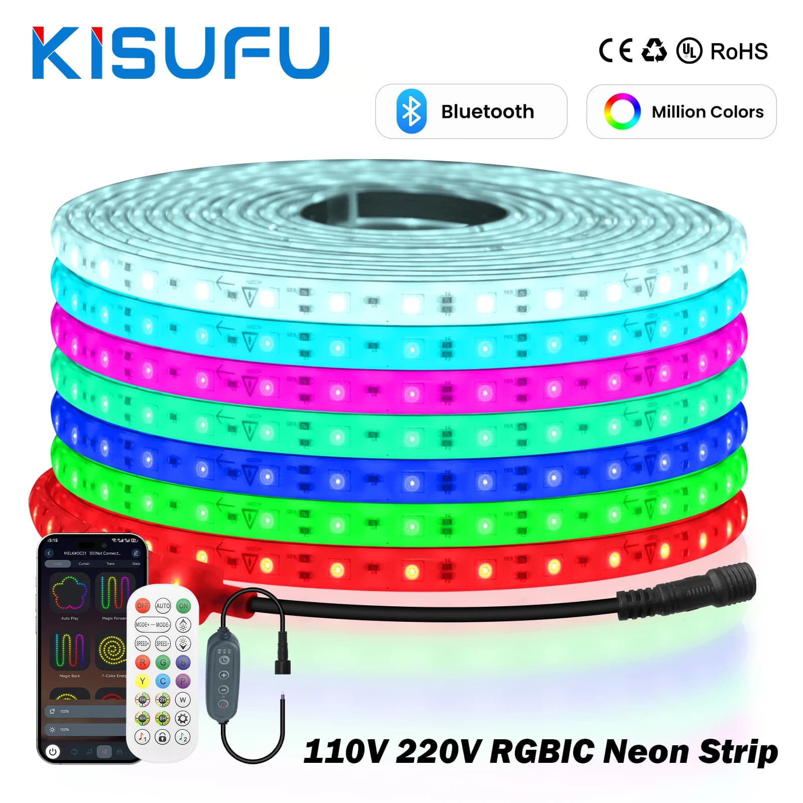 220V 110V Smart RGBIC LED Neon Strip Lights IP67 Dream Color Addressable Bluetooth Remote App Control Neon Rope Home Party Decor