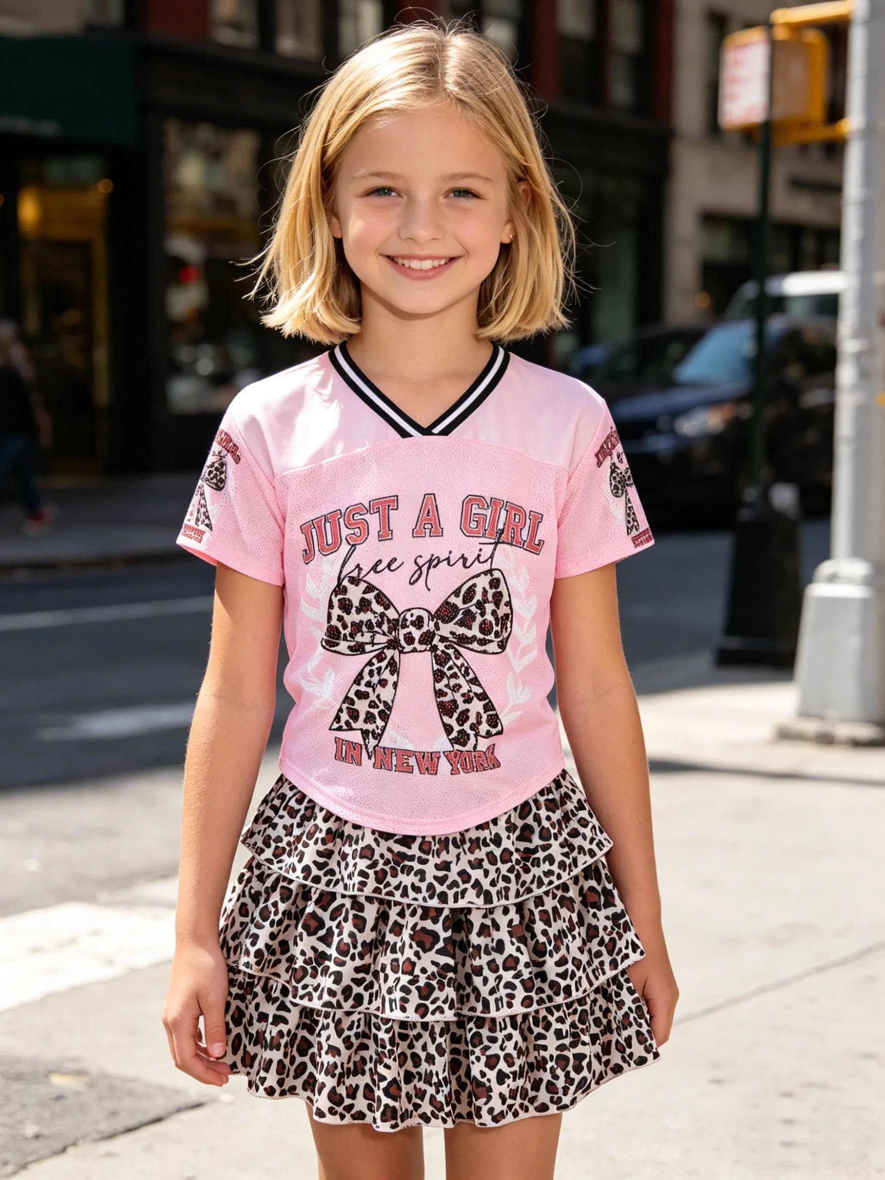 Girls' fashion short skirt summer, girls' outdoor casual letter leopard print bow pattern top short sleeved shorts