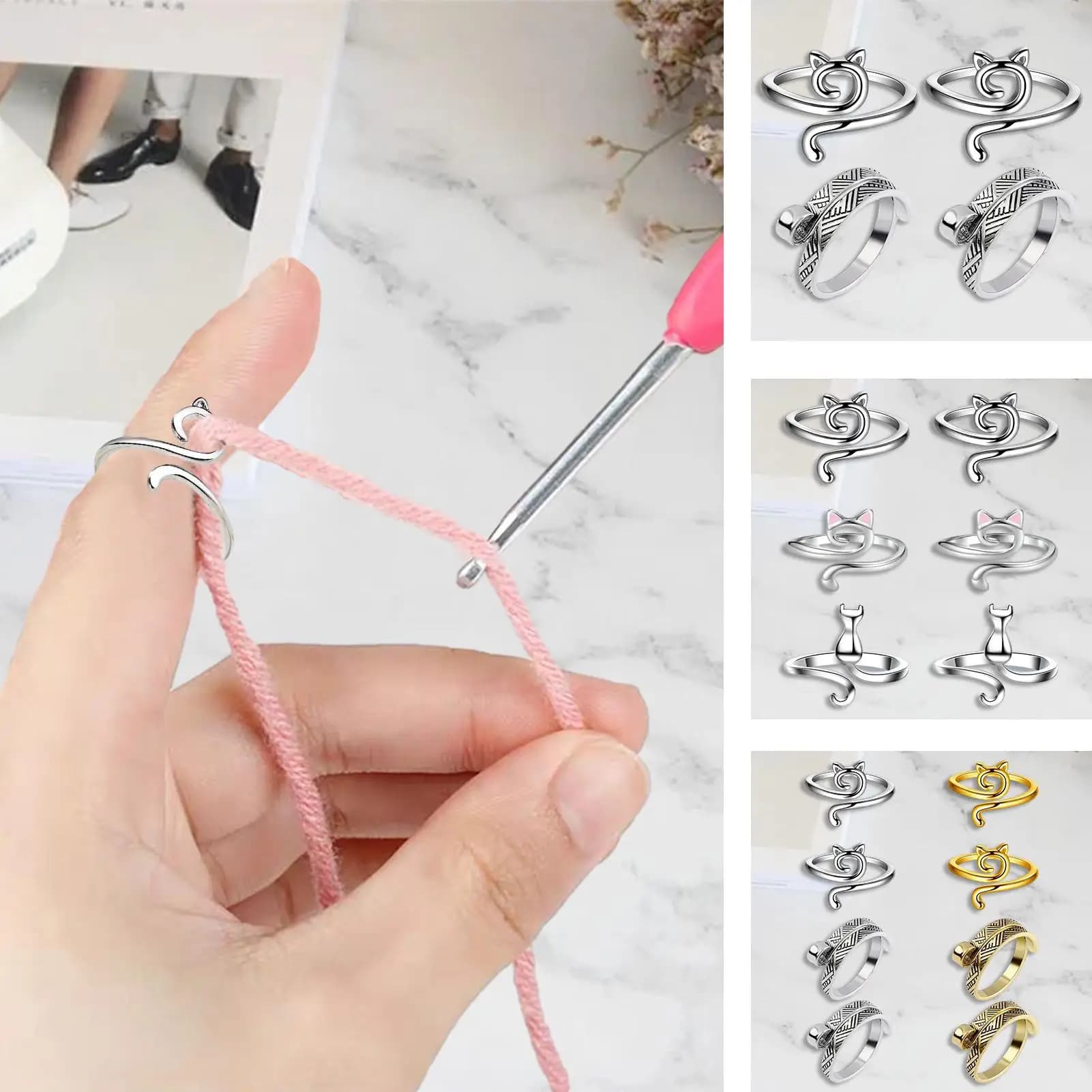 Anello di tensione per uncinetto a forma di gatto con filato, regolabile, gioiello per uncinetto, adorabile anello a forma di gatto, regalo per uncinetto e maglia