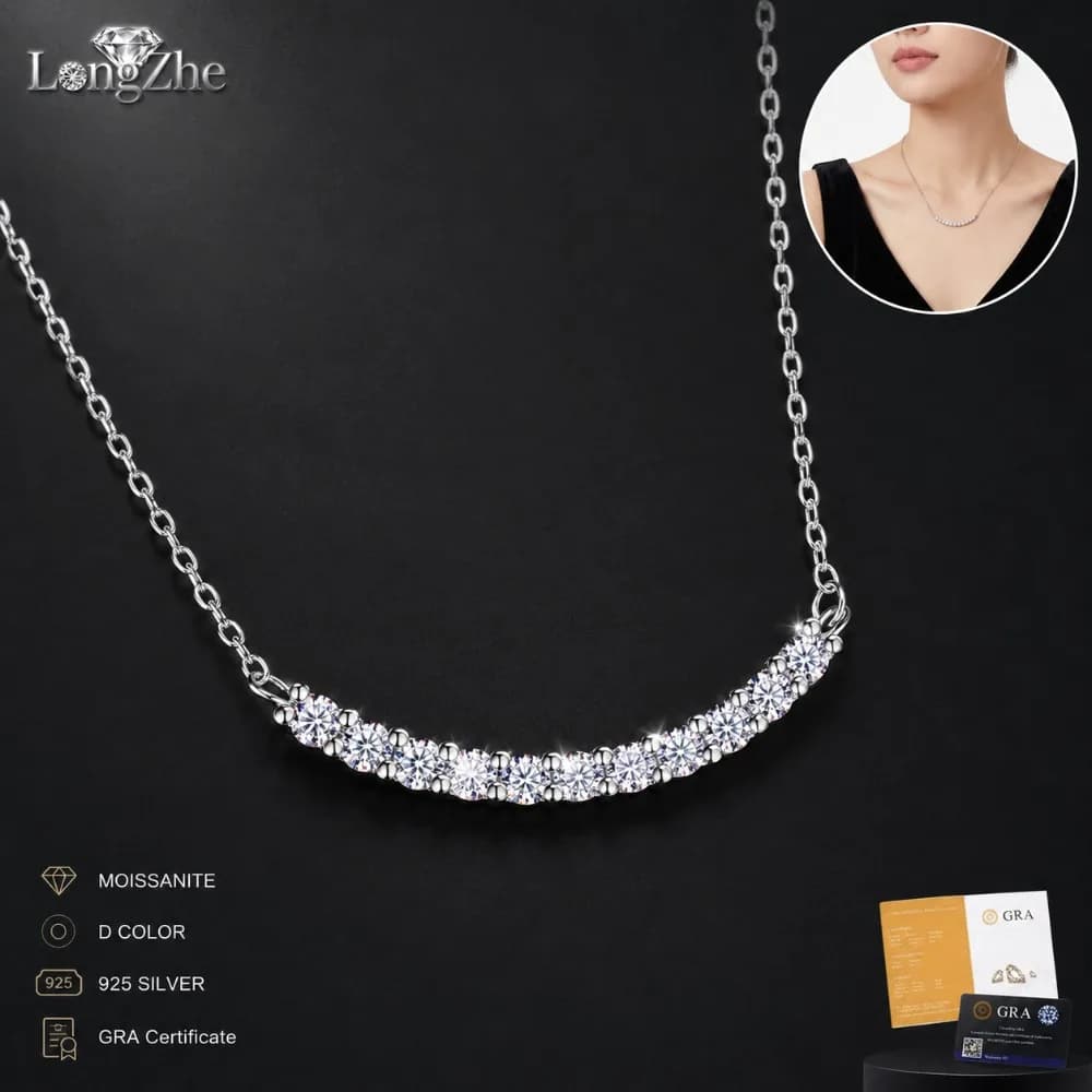 Collana con Barra Curva in Moissanite per Donne, Argento Sterling 925, Ciondolo Tennis Taglio Rotondo, 40+5cm Regolabile, Gioiello da Indossare Quotidianamente, Idea Regalo