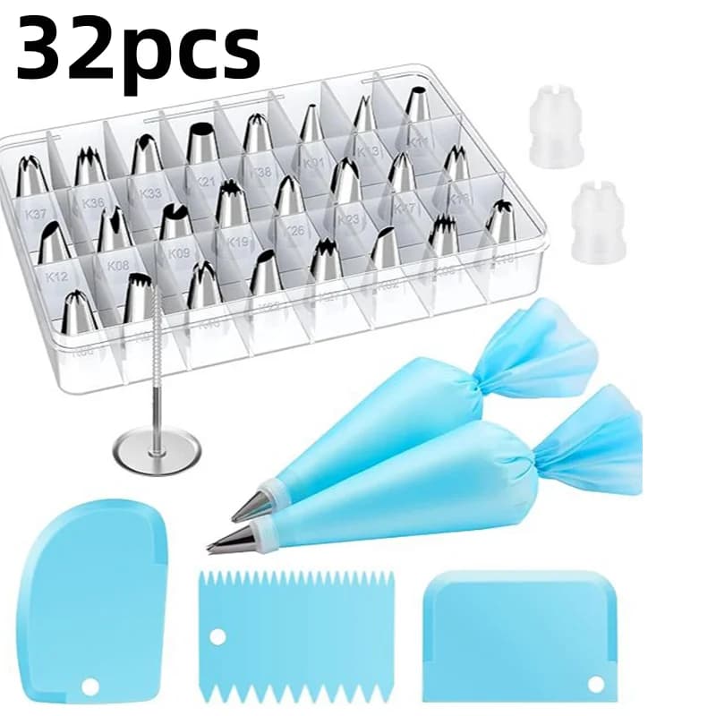 Set di 32 punte per decorazione, raschietto in scatola, set di tre sacchetti per crema, forbici per decorazione, set di strumenti per decorare torte, set fai da te per dessert