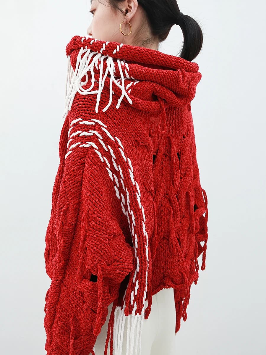 Cardigan Lungo Lavorato a Mano all'Uncinetto con Frange, Filato Neve Traforato, Stile Regular