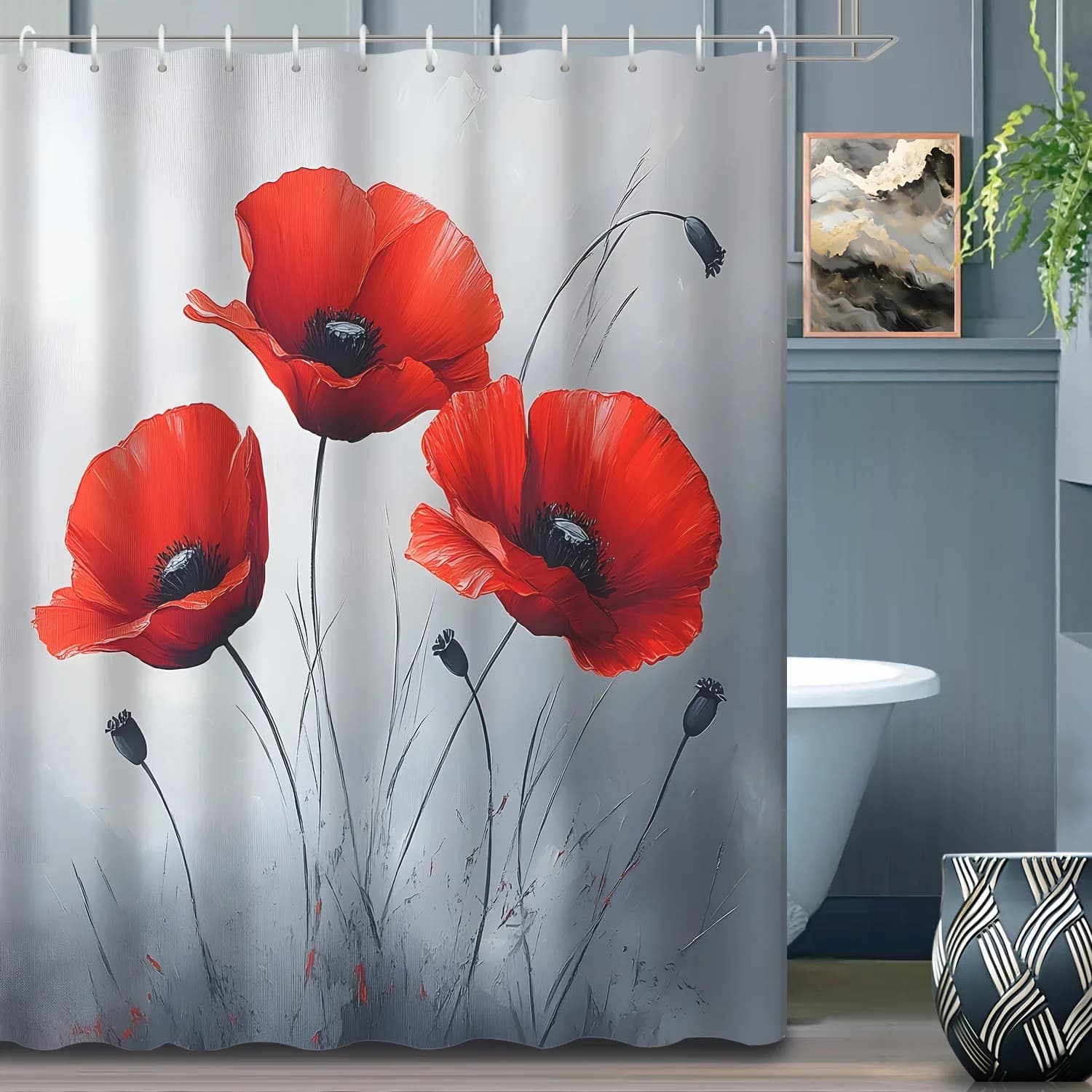Tenda divisoria per tenda da doccia con papavero rosso brillante in stile gotico scuro da 1 pezzo, tenda da doccia decorativa per bagno, inclusa 180x200 cm