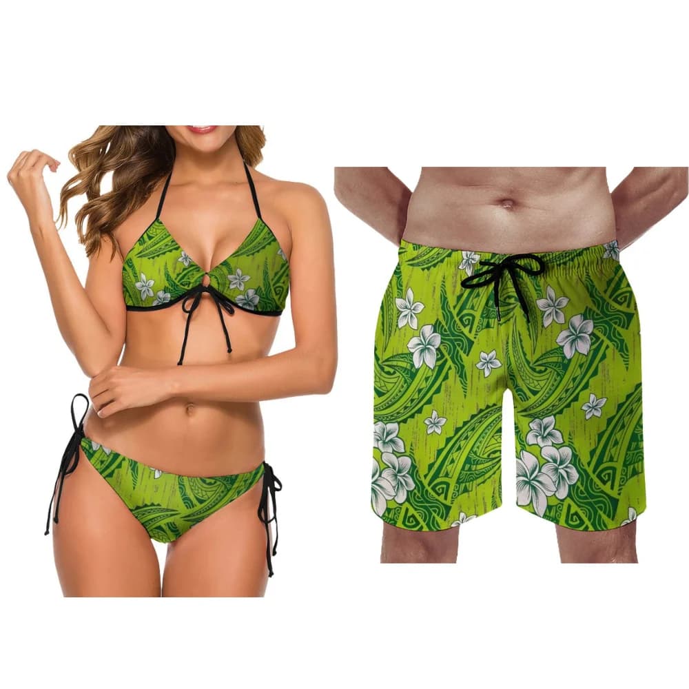 Set included Printed tie Color Couple swimsuit Custom model Surf Beach Couple Surf Set Polynesian swimsuit Set Two-piece set