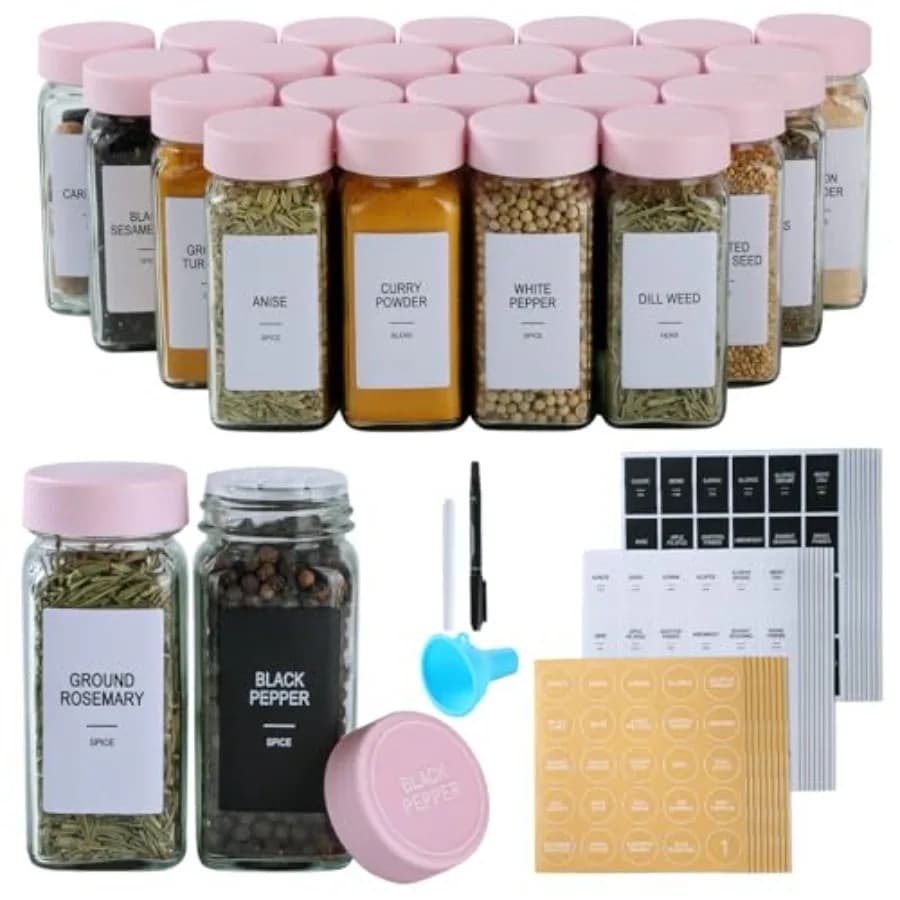 Set di Barattoli in Vetro per Spezie con Etichette, Contenitori per Condimenti da 4oz con Coperchi Ermetici Rosa e Coperchi Dosatori