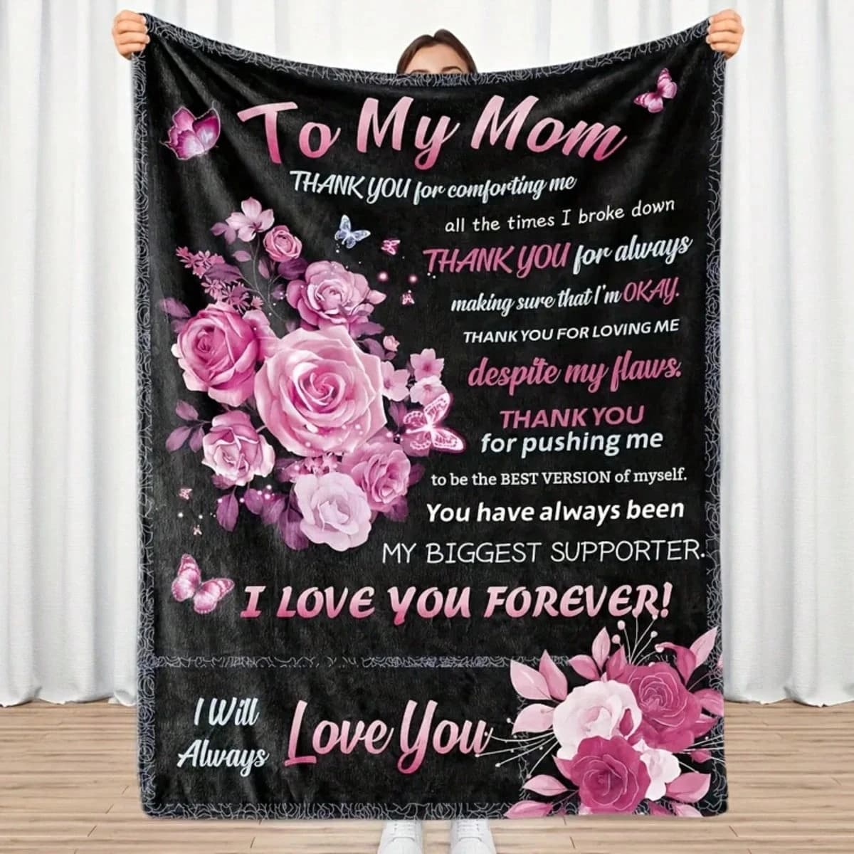 Coperta in flanella morbida con stampa 2D su un lato, con motivo a rose e scritta '1 To My Mom', ideale per soggiorno, divano, arredamento familiare, regalo calorevole.