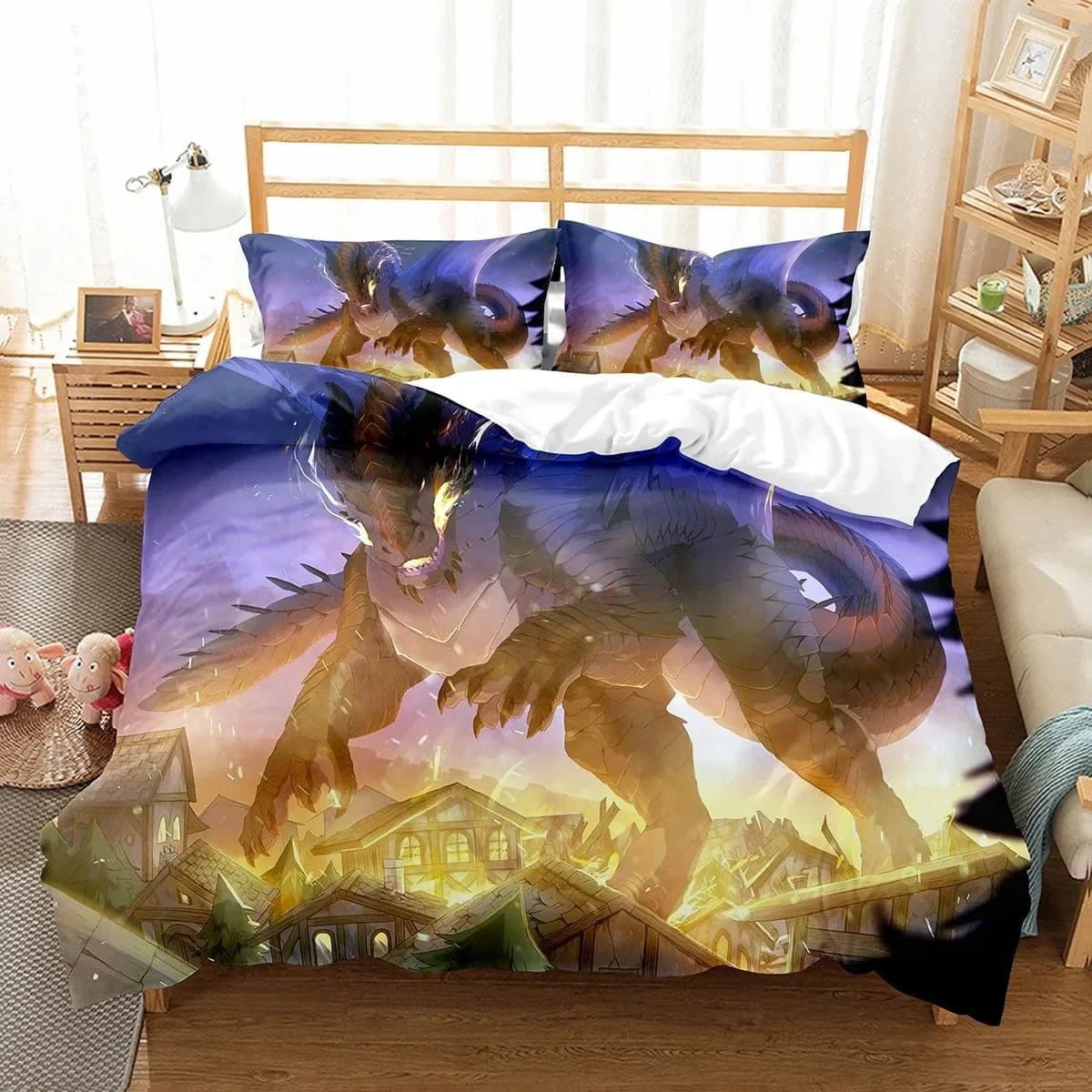 Cartoon Dragon Duvet Cover Set Fly Dragon Wild Animal Comforter Cover for Kids Boys Men Bedding Set Lightweight Soft Quilt Cover