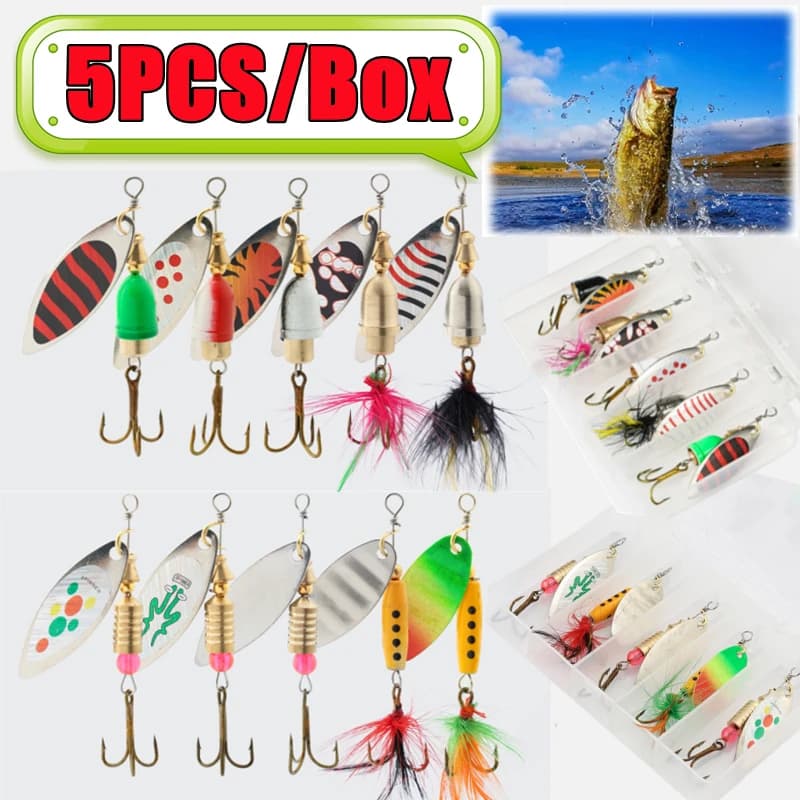 New 5PCS/Box Fishing Lure Sequin Set Spinner Spoon Hard Metal Bait Treble Feather Hook Wobblers Lures Fishing Tackle Accessories