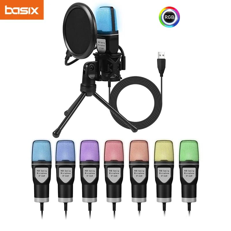 USB Play Microphone for PC Condenser Microphone with RGB Indicator Support for Tripod Gain Control for Live Podcast Recording Computer Microphone