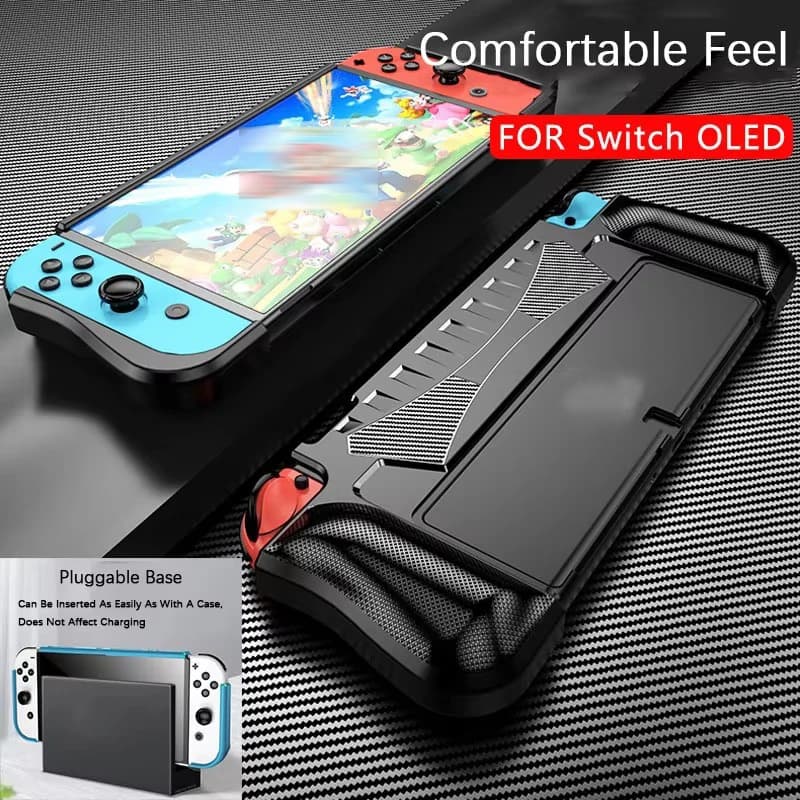 Custodia Protettiva Dockabile per Switch OLED 2021, Guscio Morbido in Silicone con Texture in Fibra di Carbonio, Cover Ergonomica per Joy-Con