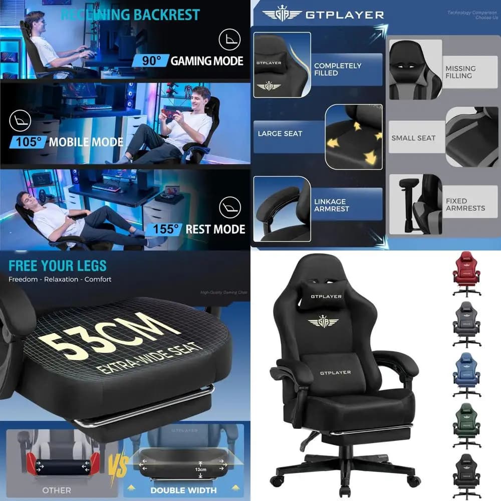 Sedia da Gaming Ergonomica con Schienale Alto e Cuscino a Molla, 350 libbre, Supporto Lombare, Girevole per Adulti Grandi e Alti, Nero Chiaro