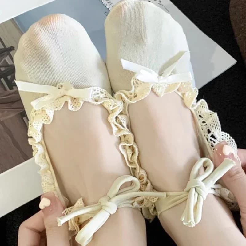 Calzini a rete da donna con lacci in pizzo e fiocco, stile giapponese Lolita, per danza moderna e latino-americana