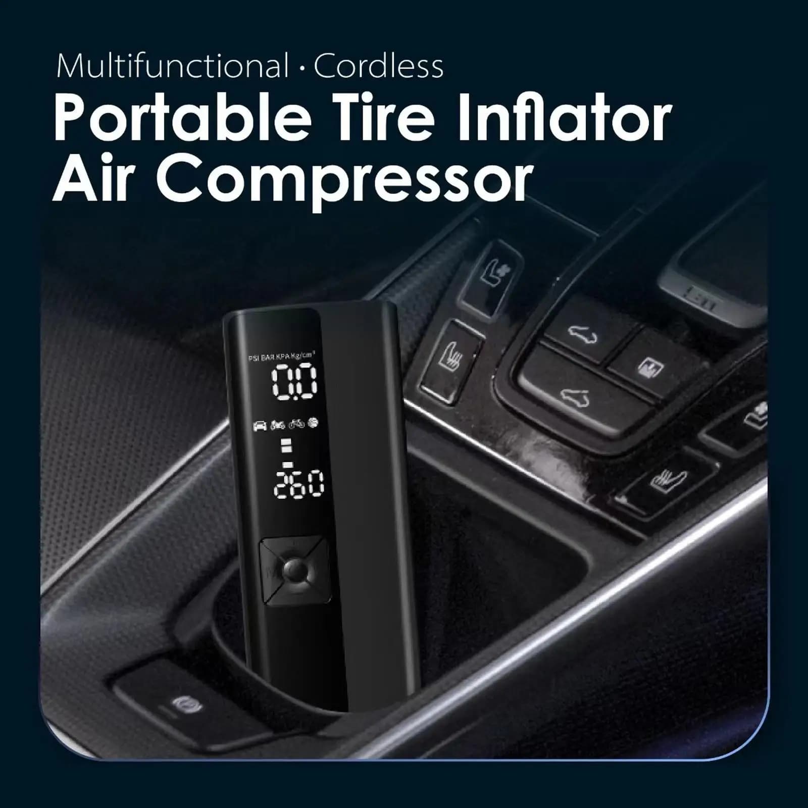 Compressore d'aria portatile senza fili per pneumatici, gonfiatore con display digitale della pressione, gonfiaggio rapido, accessori auto per pneumatici di auto e bici