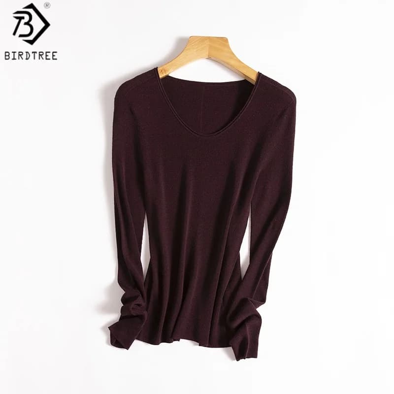 Birdtree, Maglia Intima 100% Lana di Pecora a 18 Aghi, Maglia Donna Senza Cuciture a Manica Lunga con Scollo a O, Pullover Basico Autunno 2025 T59433JF
