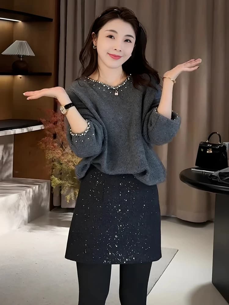 Gonna Corta in Lana con Paillettes Lucide, Ricamo Elaborato, Vita Alta, Effetto Snellente, Linea ad A, Stile Coreano per Donna