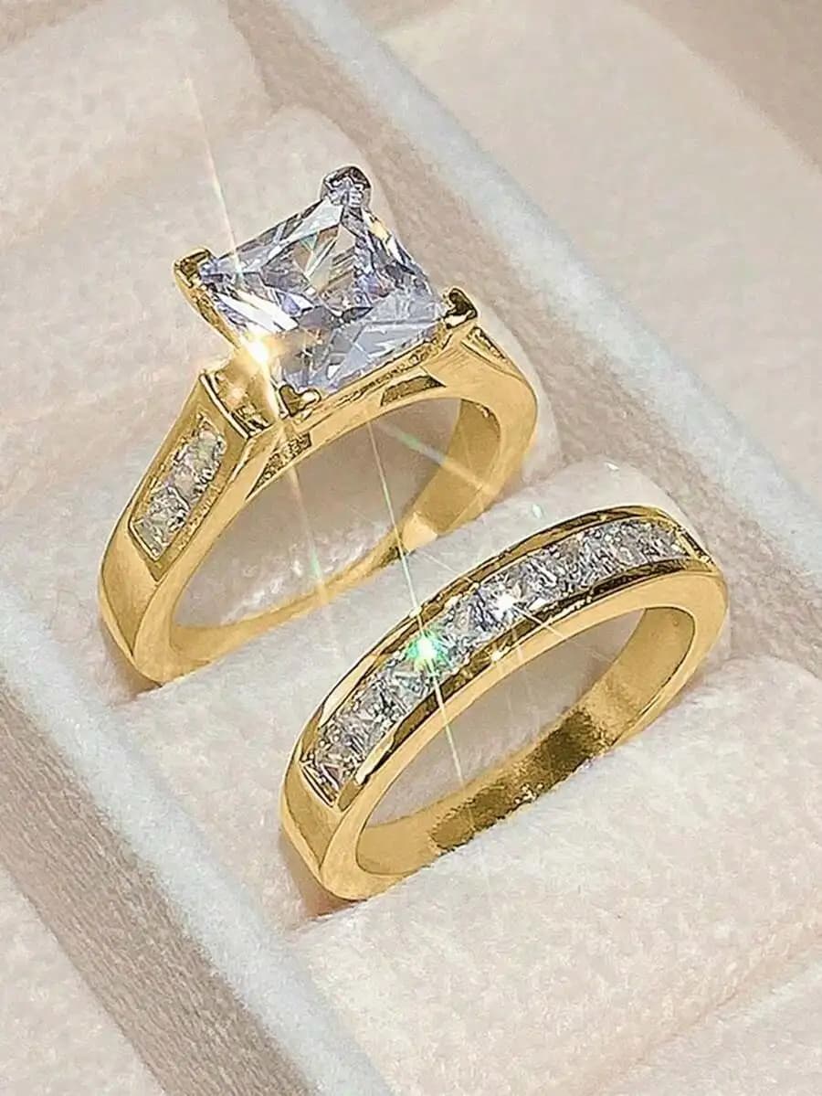 Set di 2 anelli eleganti quadrati in lega di zinco con zirconi per donna – Per uso quotidiano, matrimoni, fidanzamenti, feste