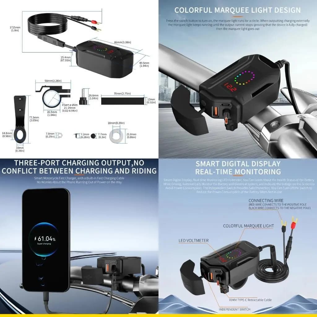 SZCH Multifunctional Motorcycle Charging Power Adapter With USB A USB C And Retractable Cable For Multiple Device Charging