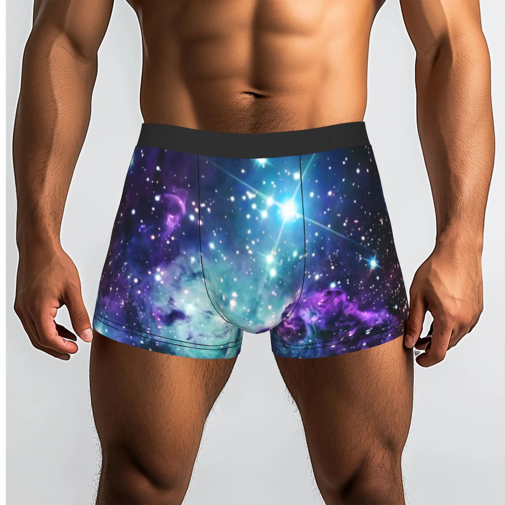 Custom Male Novelty Fox Fur Nebula Teal Turquoise Purple Underwear Boxer Briefs Stretch Shorts Panties Underpants