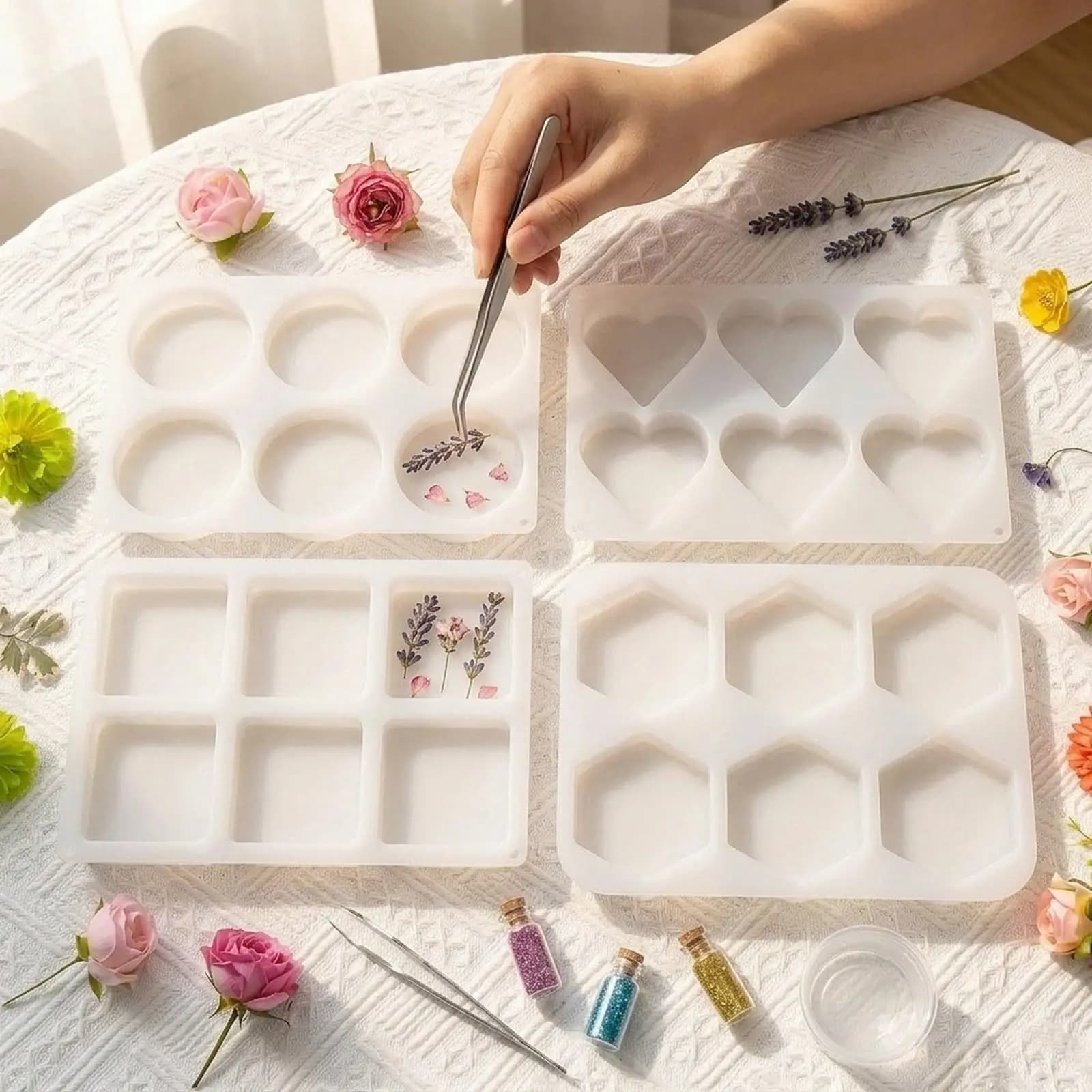 4Pcs Deep Resin Coaster Molds Gifts for Resin Epoxy DIY Craft Making Candle Soap Reusable Art Coasters Round Square Heart Shapes