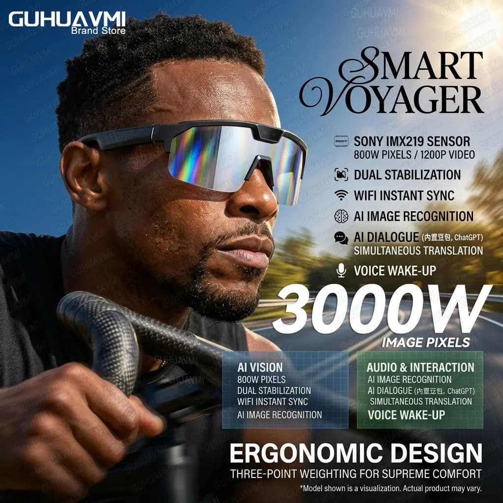 Smart Camera Glasses with HD 1200P Camera, Sensor 8MP, Photo 30MP, WiFi Sync, Bluetooth 5.3, Audio, Sunglasses Anti-vibration, Microphone ENC PRO