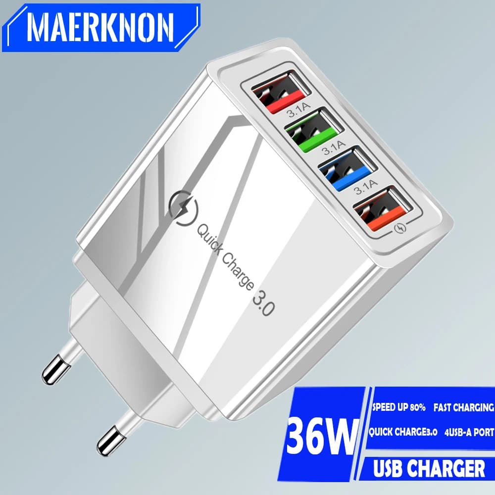 Caricatore USB a 4 porte Caricatore da muro Quick Charge 3.0 Ricarica rapida per iPhone 15 14 Adattatore per caricabatterie per telefono Samsung Xiaomi EU/US Plug