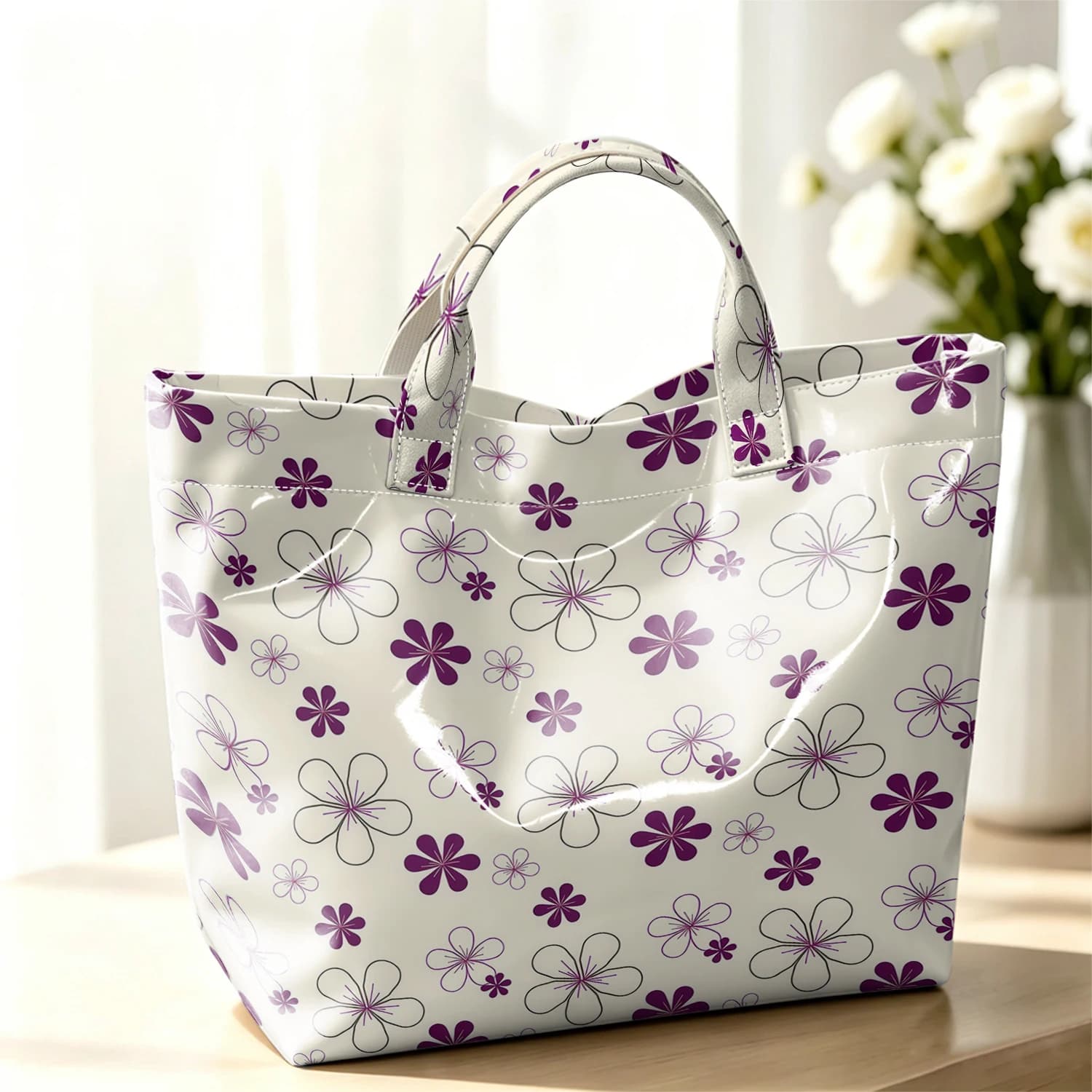 Cream Lavender Line Fashion Large Glossy PVC Tote Bag Hand Washable Waterproof Perfect Travel Commute Cosmetic Storage Shopper