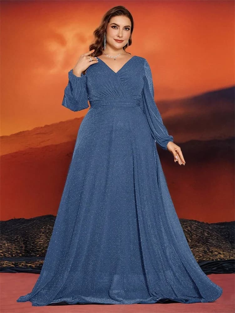 Luxury V-Neck Long Sleeves Blue Shiny Formal Evening Dress Elegant Women 2025 Wedding Party Prom Maxi Cocktail Gowns
