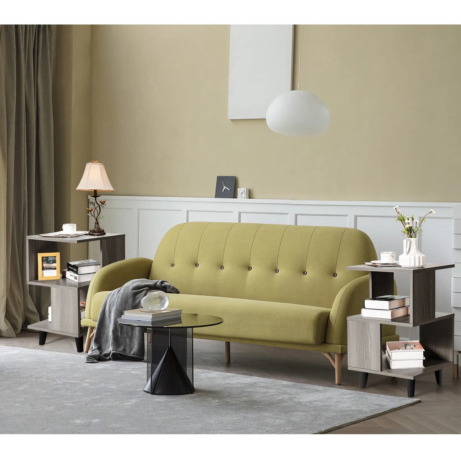 Set di 2 tavolini moderni da comodino con gambe in legno e ripiano portaoggetti, colore grigio