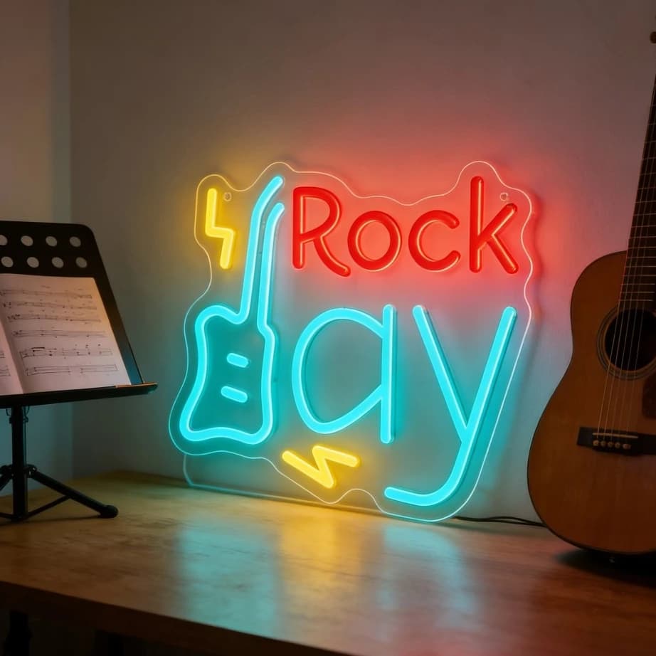 Insegna al Neon Rock Day, Luce LED Neon Dimmerabile USB, Decorazione da Parete per Sala Musica, Camera da Letto, Studio, Caffetteria, Bar, Feste, Arte Murale