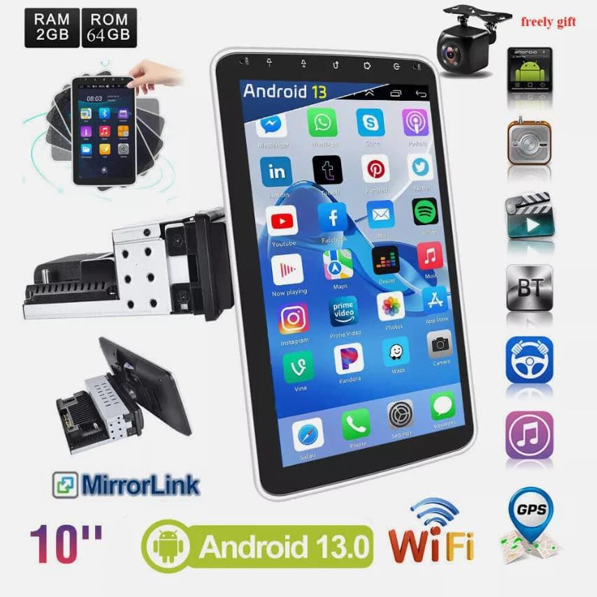 Nuovo Autoradio Universale Rotante da 10.1 Pollici Android 13 2+64G Touch Screen 1 DIN GPS Navi BT FM RDS WIFI USB EQ SWC con Microfono