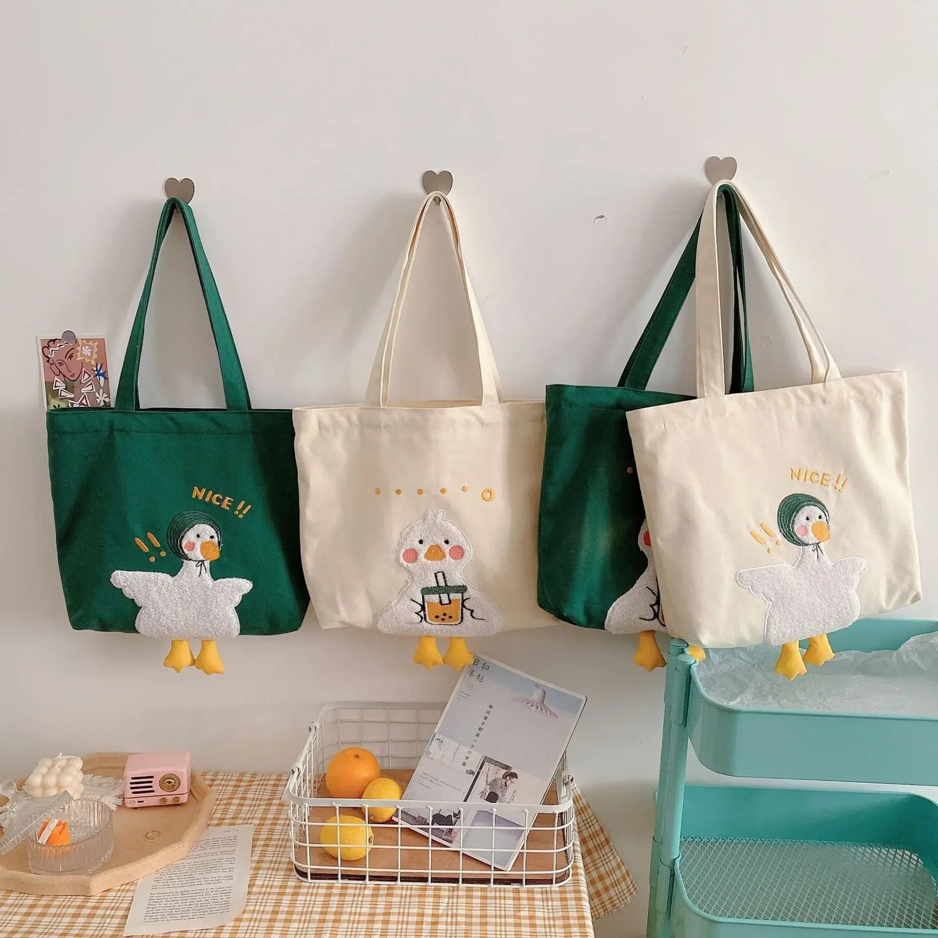 Borsa a tracolla in tela da donna di Design carino Lovely Duck Embroidery Student School Book Tote borse borse Shopper grandi femminili