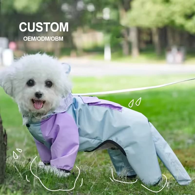 Dog Raincoat Transparent Hood Waterproof Small Dogs Snap-Button Chest Leash Hole Hook-and-Loop Cuffs Back Pocket