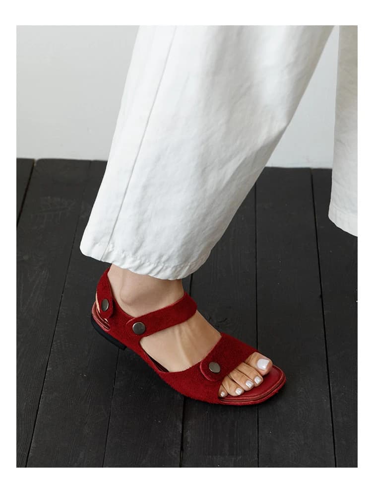 Energetic Cute Girl! 2026 New Casual Flat Sandals for Women, Red Suede with Buckle Strap, Summer Women's Sandals